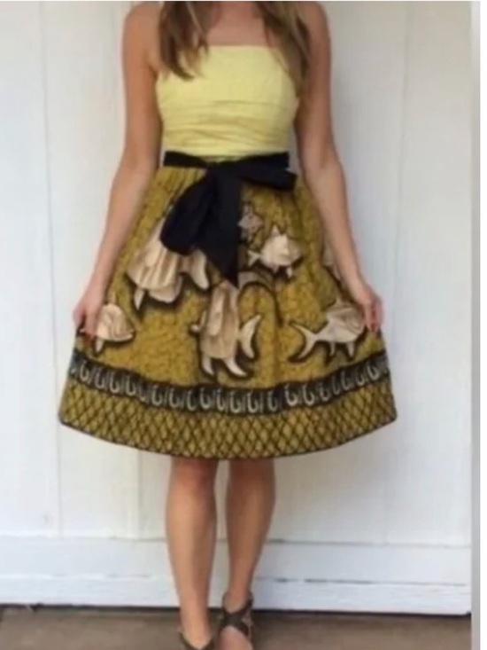 Anthropologie Dresses & Skirts - Anthropologie Strapless Yellow Green Fish-Print Dress